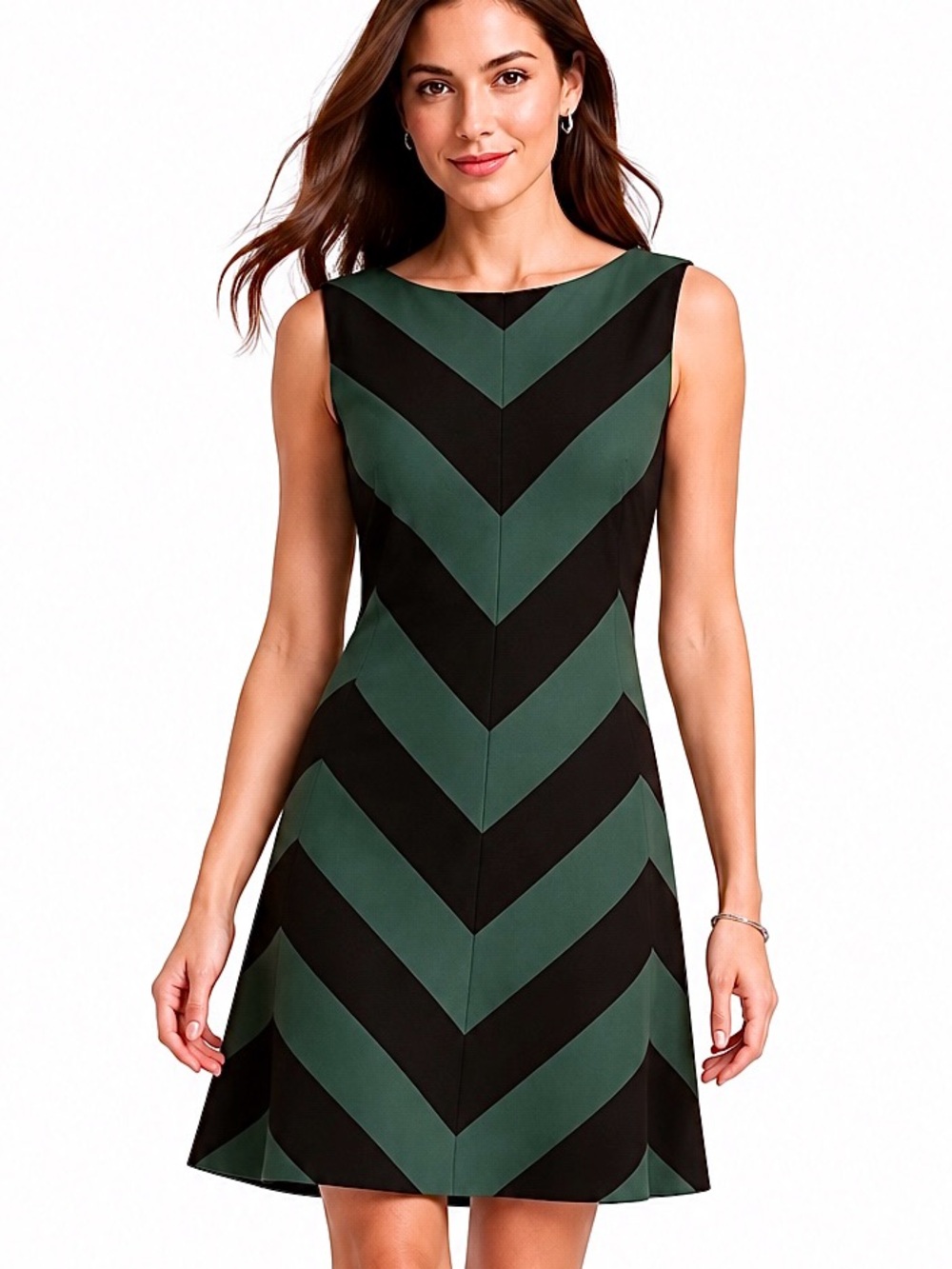 Antonio Melani Teal Black Chevron Fit & Flare Cocktail Dress Size 8 Mod Retro